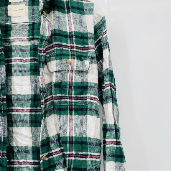 American Eagle Classic Fit Plaid Green White Button Front Shirt S - Picture 2 of 4